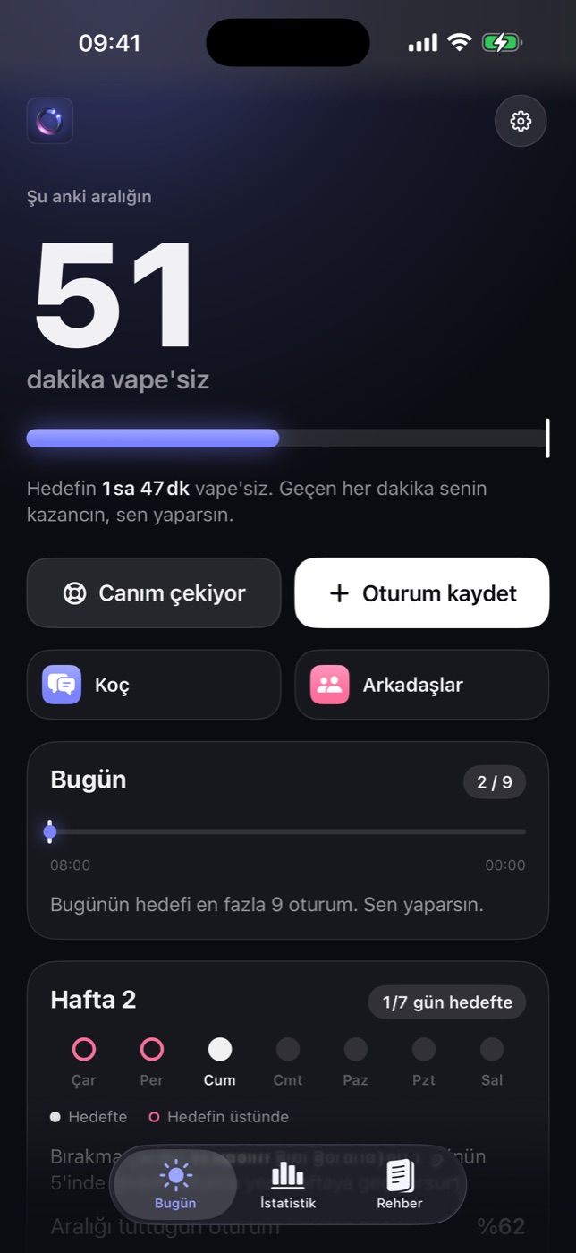 Puffgap ana ekranı: 51 dakika vape'siz, hedef 1 saat 47 dakika