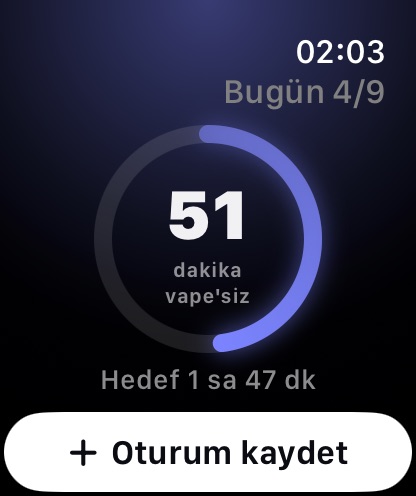 Puffgap Apple Watch ekranı: vape'siz süre halkası ve tek dokunuşla kayıt